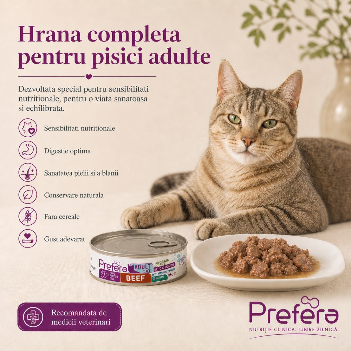 PREFERA MPD, Vită, dietă veterinară, conservă hrană umedă monoproteică fără cereale pisici, (în suc propriu), 85g - imagine 3